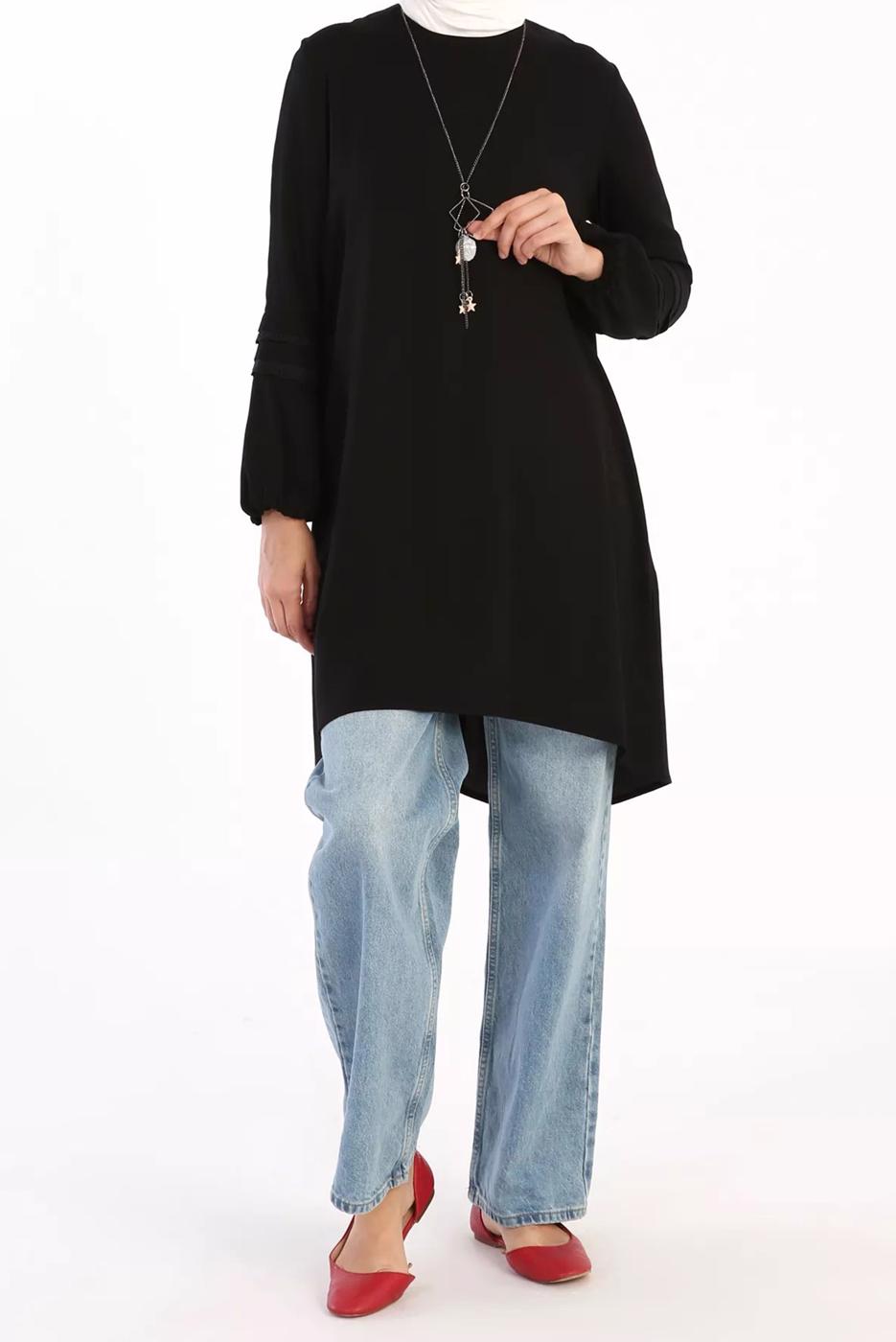 Tesettür giyim SİYAH KOLLARI GÜPÜR DETAYLI TUNİK 86005 