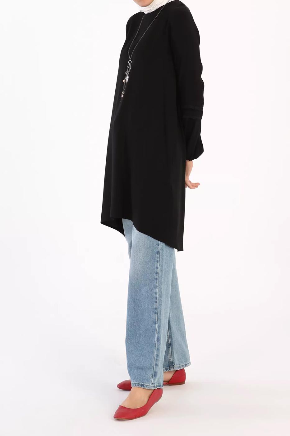 Tesettür giyim SİYAH KOLLARI GÜPÜR DETAYLI TUNİK 86005 