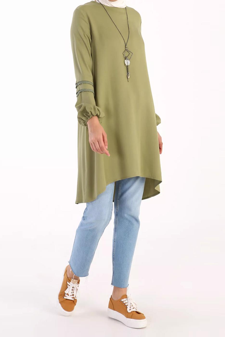 Tesettür giyim YEŞİL KOLLARI GÜPÜR DETAYLI TUNİK 86005 