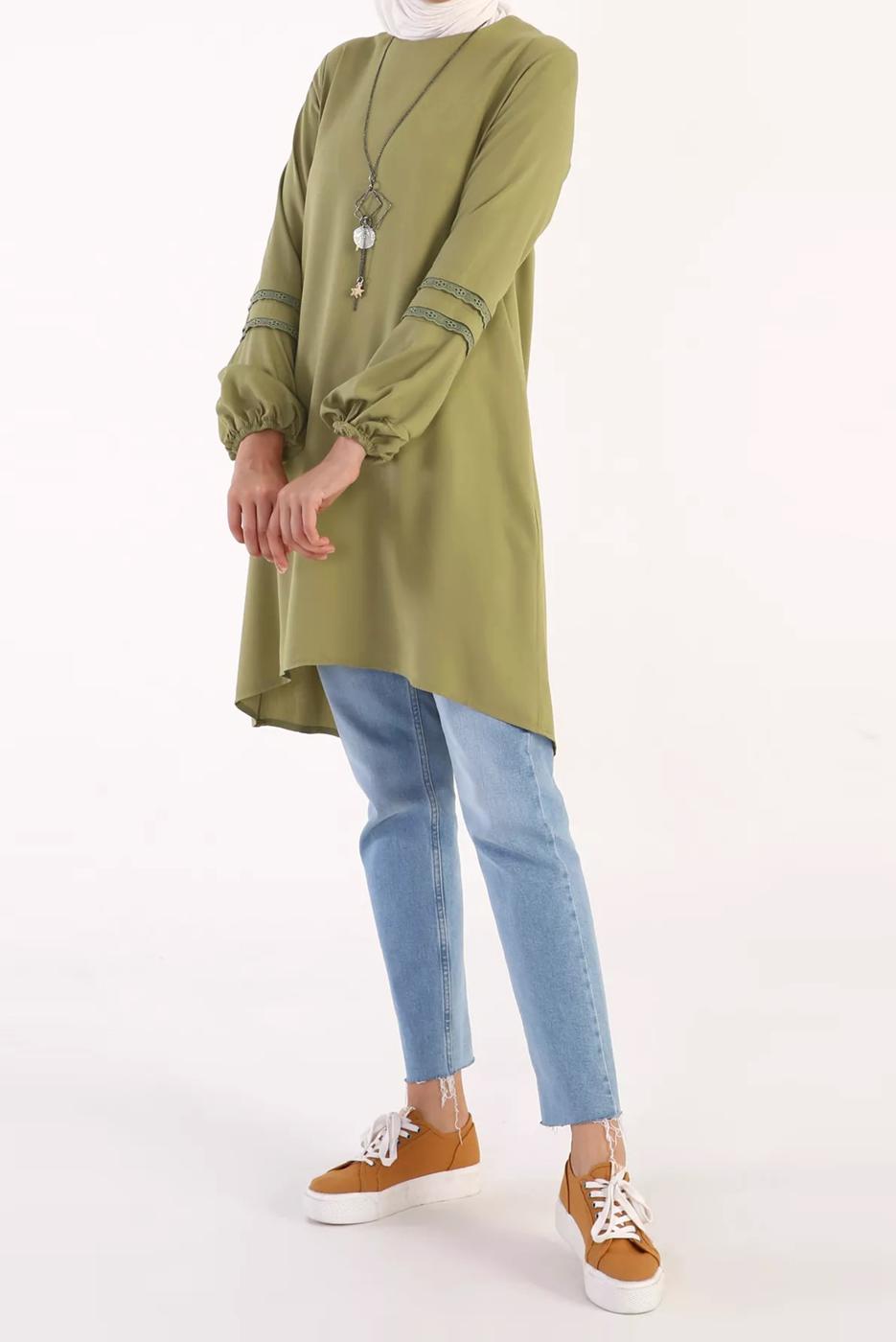 Tesettür giyim YEŞİL KOLLARI GÜPÜR DETAYLI TUNİK 86005 