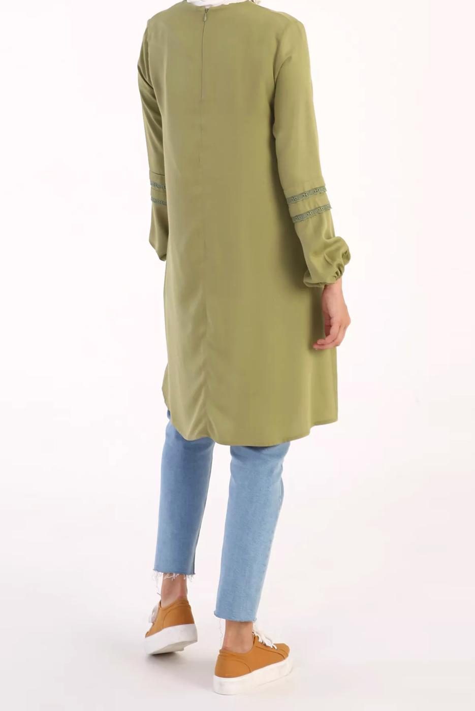 Tesettür giyim YEŞİL KOLLARI GÜPÜR DETAYLI TUNİK 86005 
