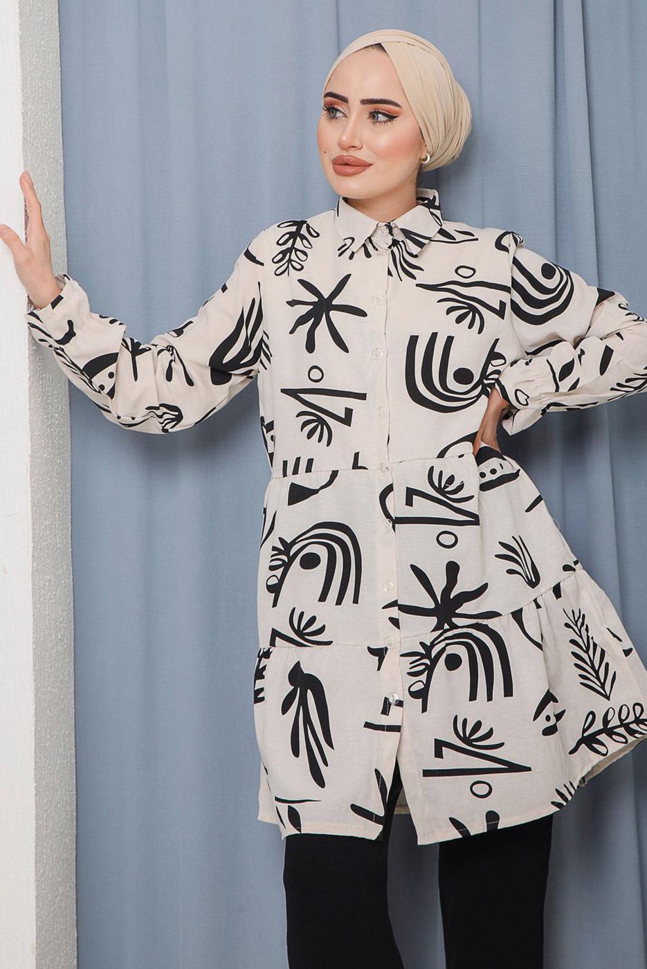 Tesettür giyim SİYAH KARIŞIK DESENLİ DÜĞMELİ TUNİK 8932 
