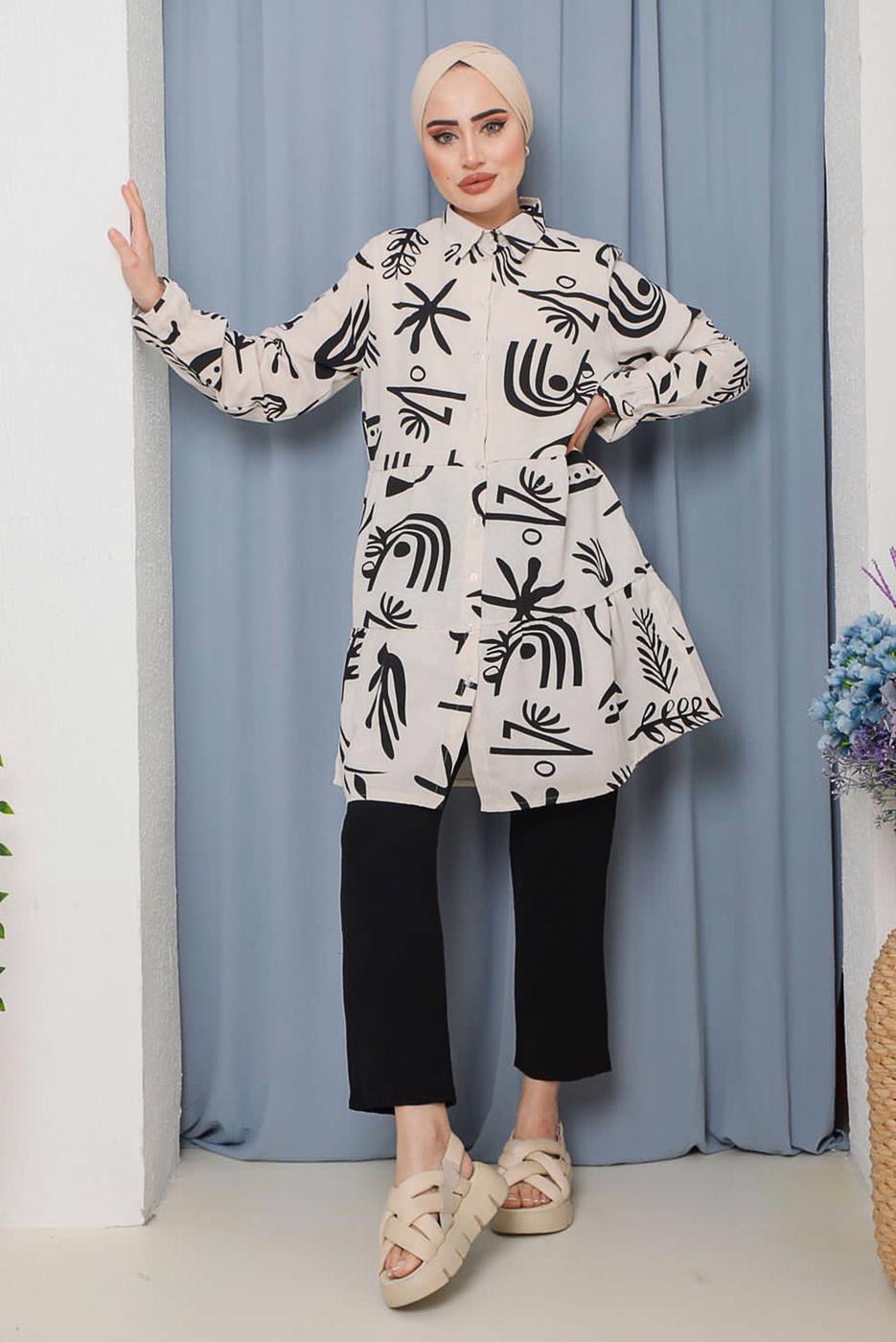 Tesettür giyim SİYAH KARIŞIK DESENLİ DÜĞMELİ TUNİK 8932 