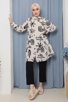 Tesettür giyim SİYAH KARIŞIK DESENLİ DÜĞMELİ TUNİK 8932 