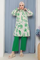 Tesettür giyim YEŞİL KARIŞIK DESENLİ DÜĞMELİ TUNİK 8932 