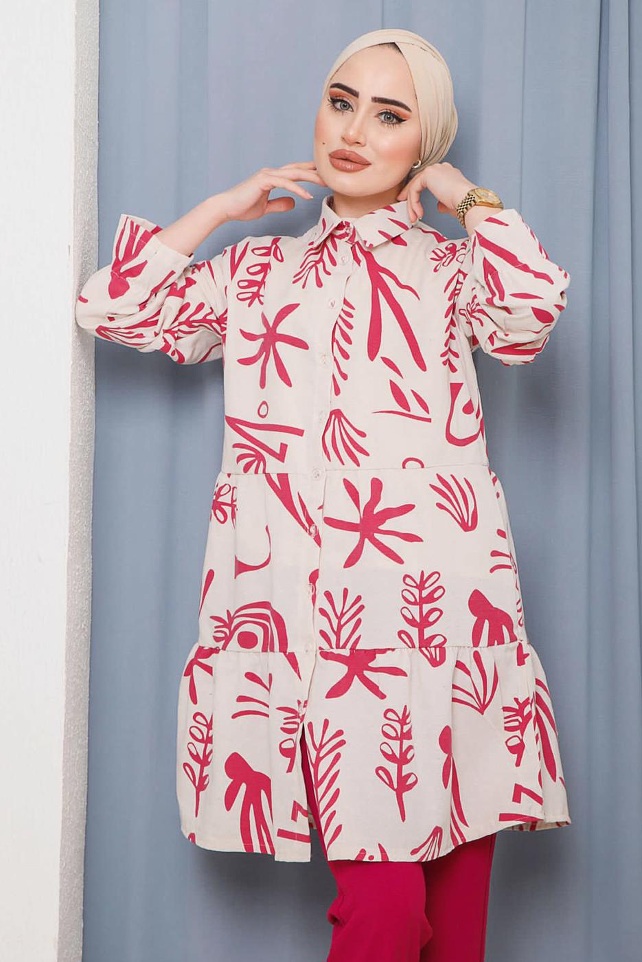 Tesettür giyim PEMBE KARIŞIK DESENLİ DÜĞMELİ TUNİK 8932 