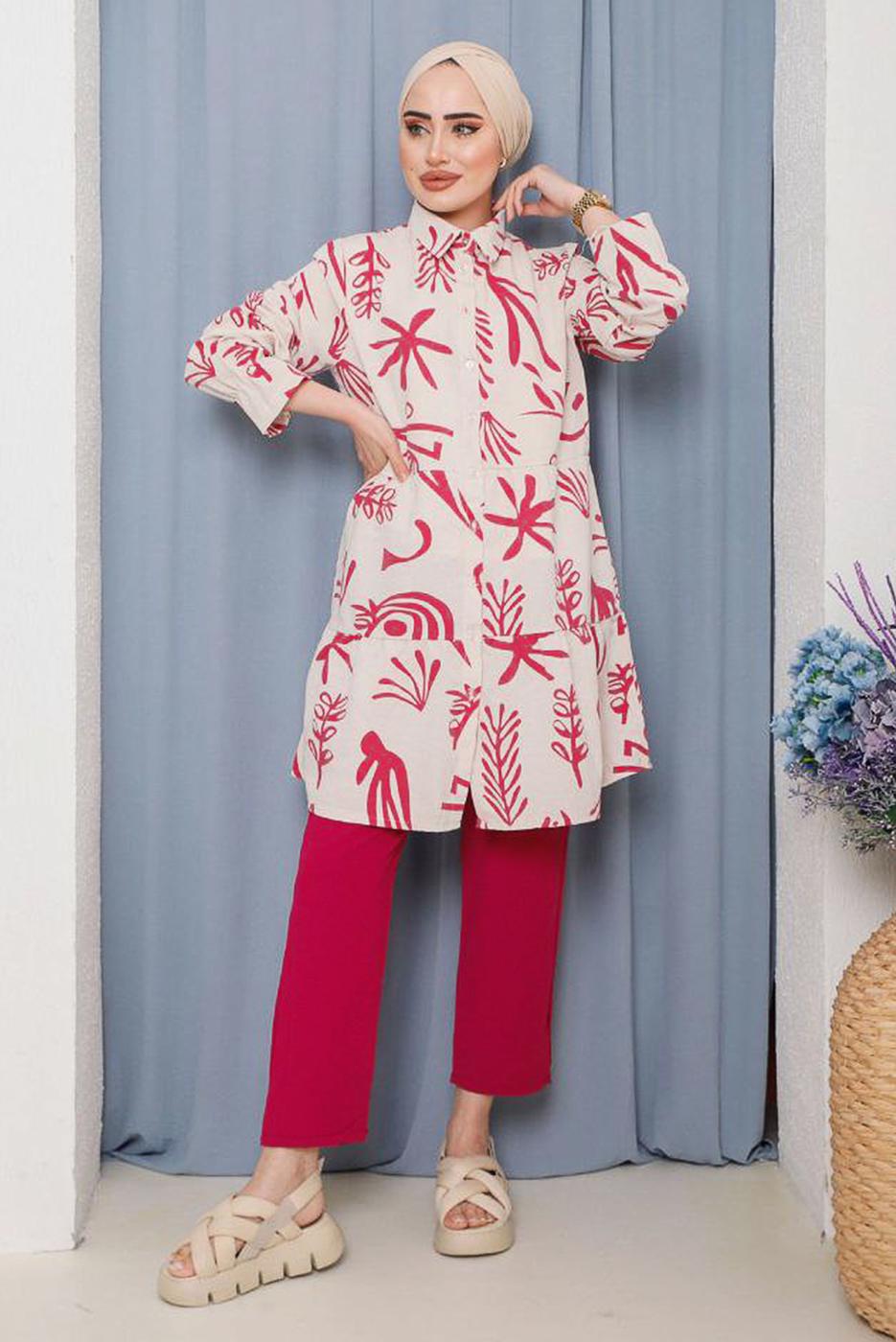 Tesettür giyim PEMBE KARIŞIK DESENLİ DÜĞMELİ TUNİK 8932 