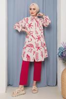 Tesettür giyim PEMBE KARIŞIK DESENLİ DÜĞMELİ TUNİK 8932 