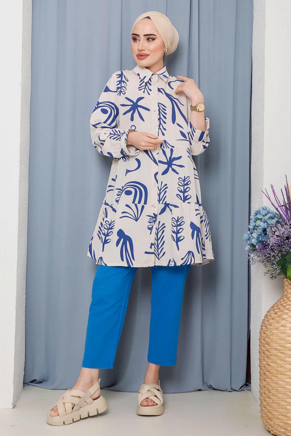 Tesettür giyim LACİVERT KARIŞIK DESENLİ DÜĞMELİ TUNİK 8932 