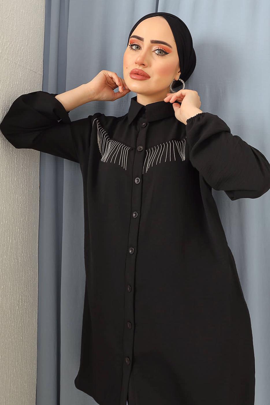 Tesettür giyim SİYAH PÜSKÜLLÜ DÜĞMELİ TUNİK 8942 