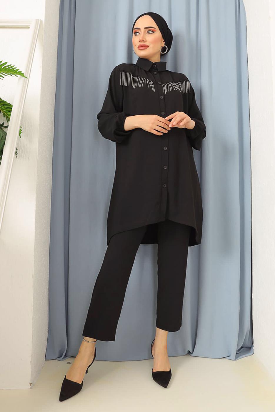 Tesettür giyim SİYAH PÜSKÜLLÜ DÜĞMELİ TUNİK 8942 