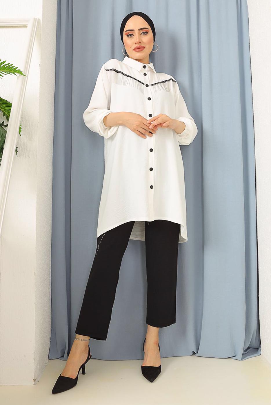 Tesettür giyim BEYAZ PÜSKÜLLÜ DÜĞMELİ TUNİK 8942 