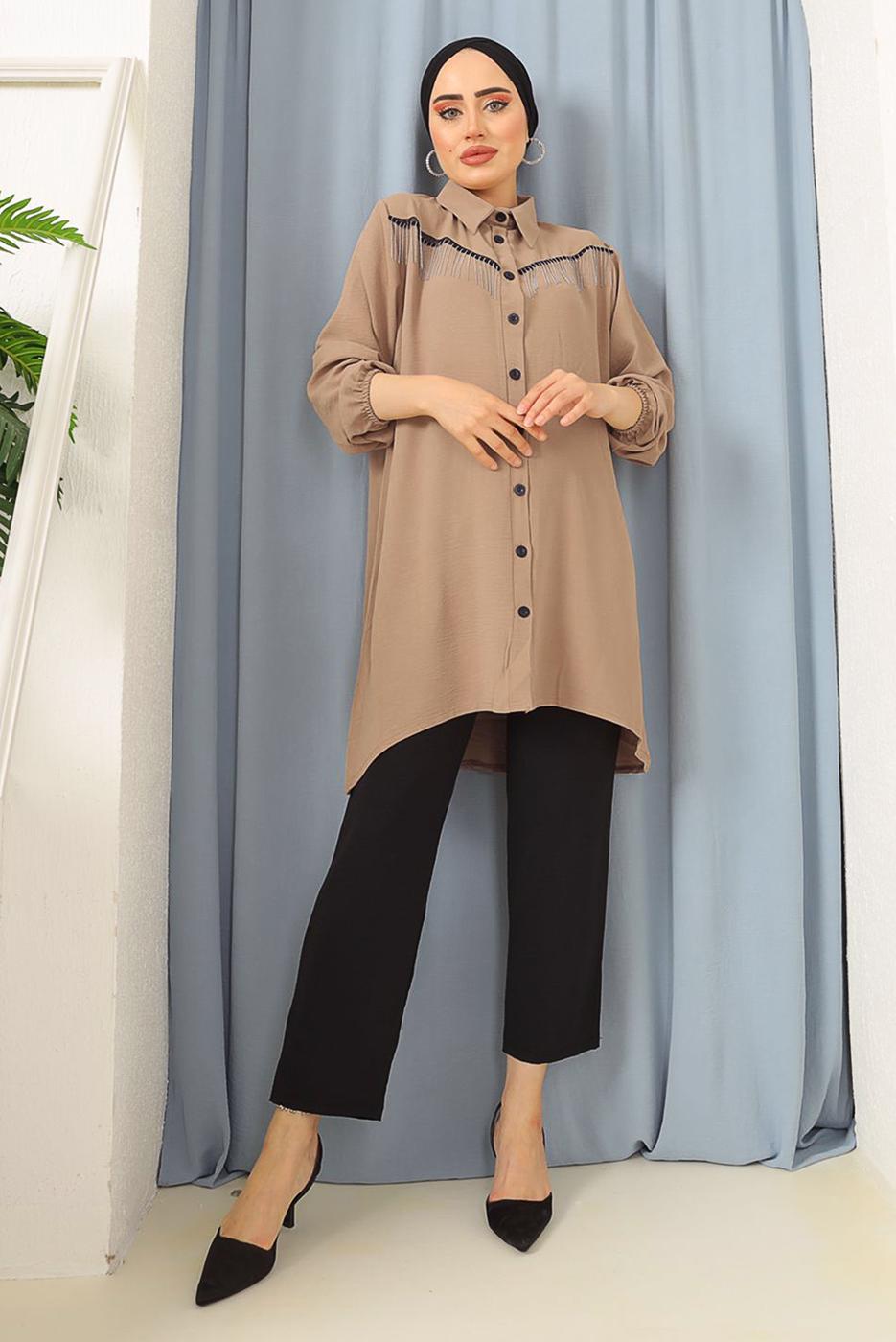 Tesettür giyim KAHVE PÜSKÜLLÜ DÜĞMELİ TUNİK 8942 