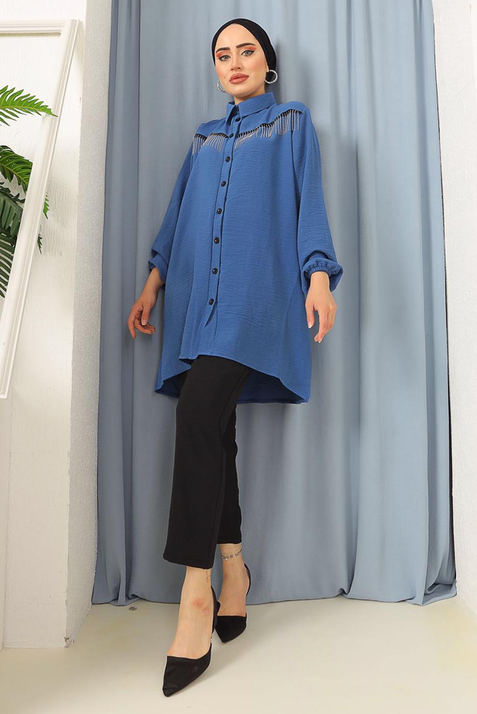 Tesettür giyim LACİVERT PÜSKÜLLÜ DÜĞMELİ TUNİK 8942 