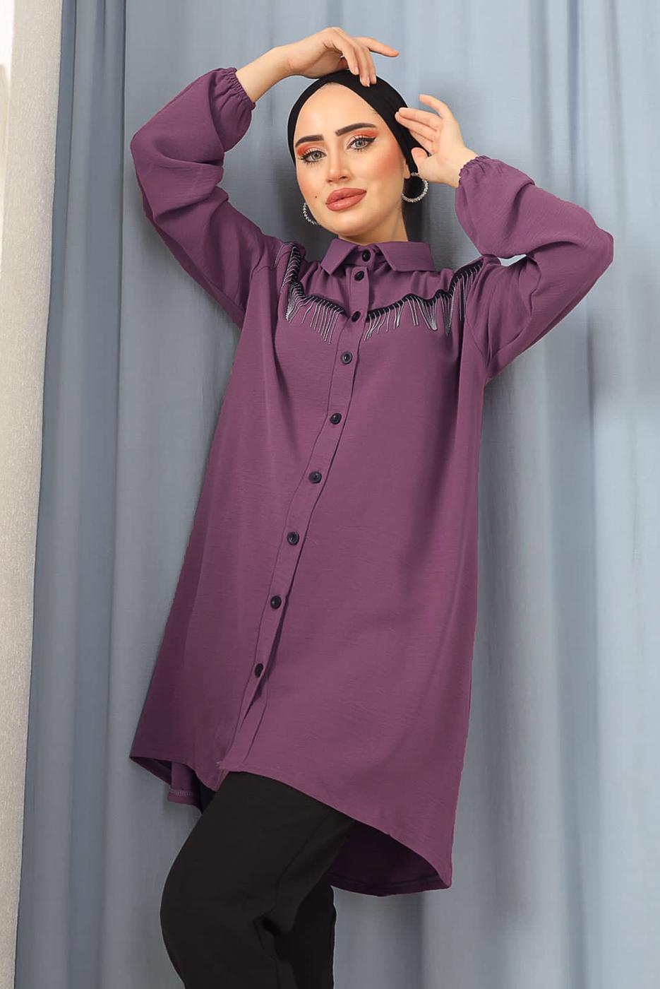 Tesettür giyim PEMBE PÜSKÜLLÜ DÜĞMELİ TUNİK 8942 