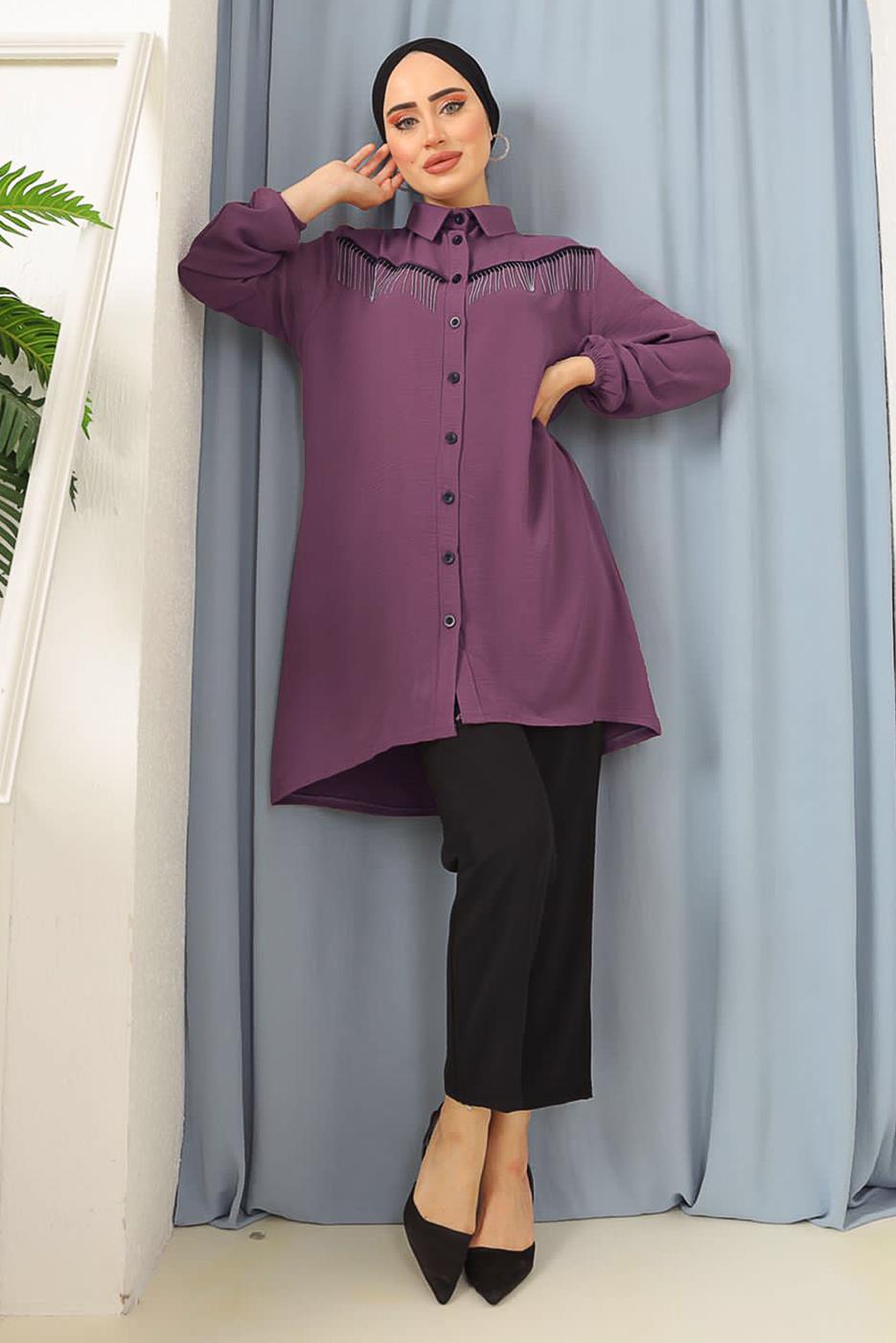 Tesettür giyim PEMBE PÜSKÜLLÜ DÜĞMELİ TUNİK 8942 