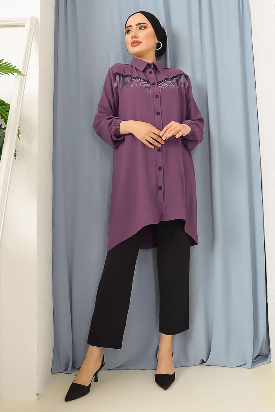Tesettür giyim PEMBE PÜSKÜLLÜ DÜĞMELİ TUNİK 8942 