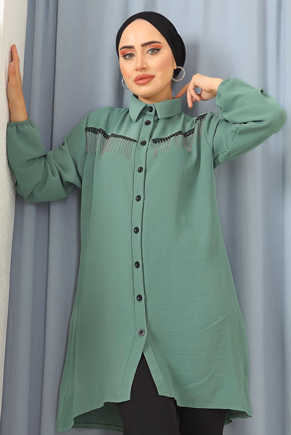 Tesettür giyim YEŞİL PÜSKÜLLÜ DÜĞMELİ TUNİK 8942 