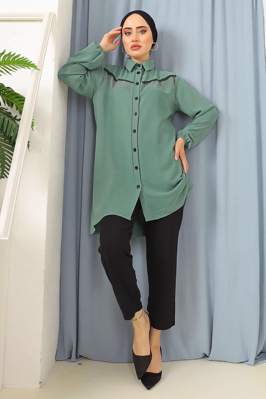 Tesettür giyim YEŞİL PÜSKÜLLÜ DÜĞMELİ TUNİK 8942 