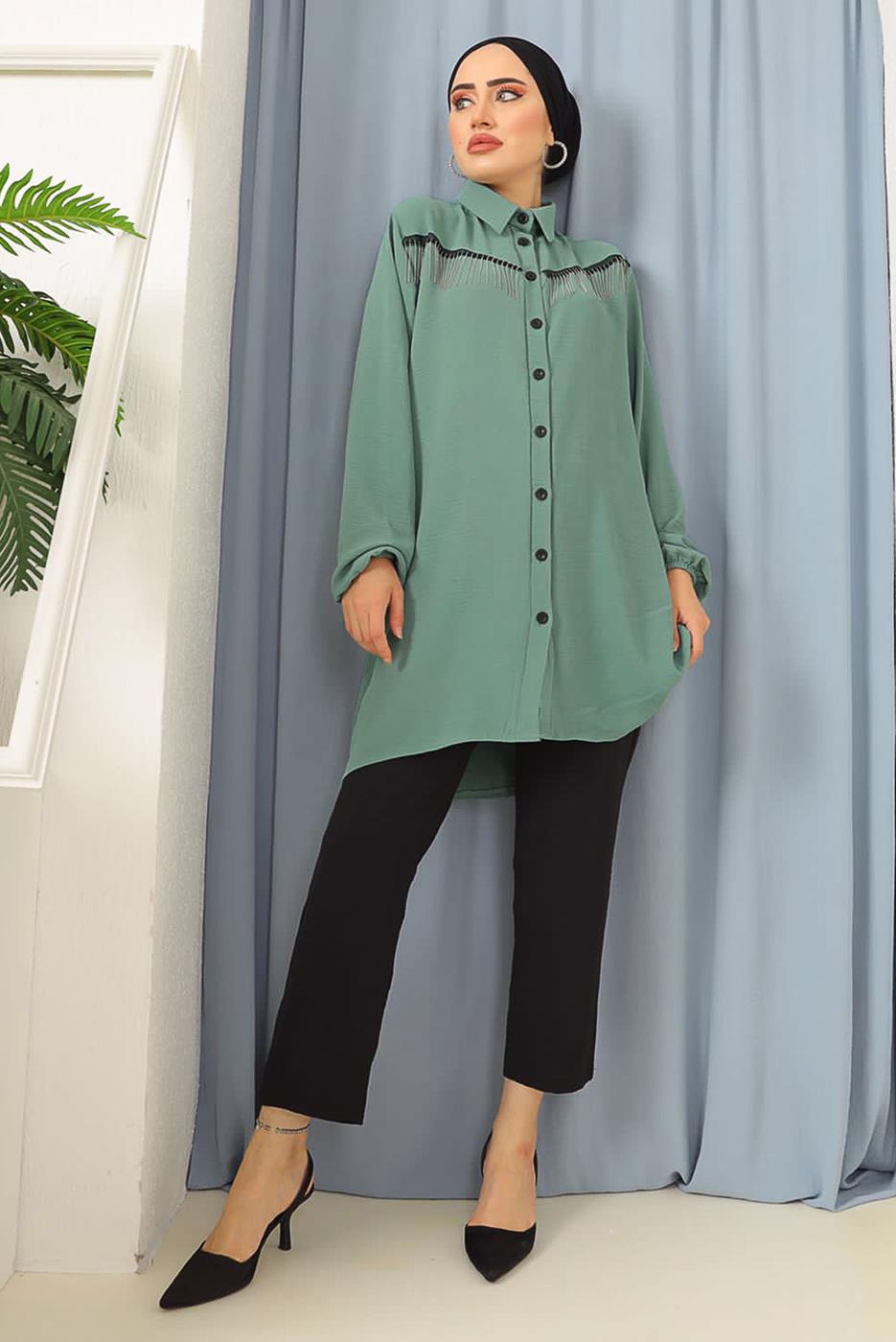 Tesettür giyim YEŞİL PÜSKÜLLÜ DÜĞMELİ TUNİK 8942 