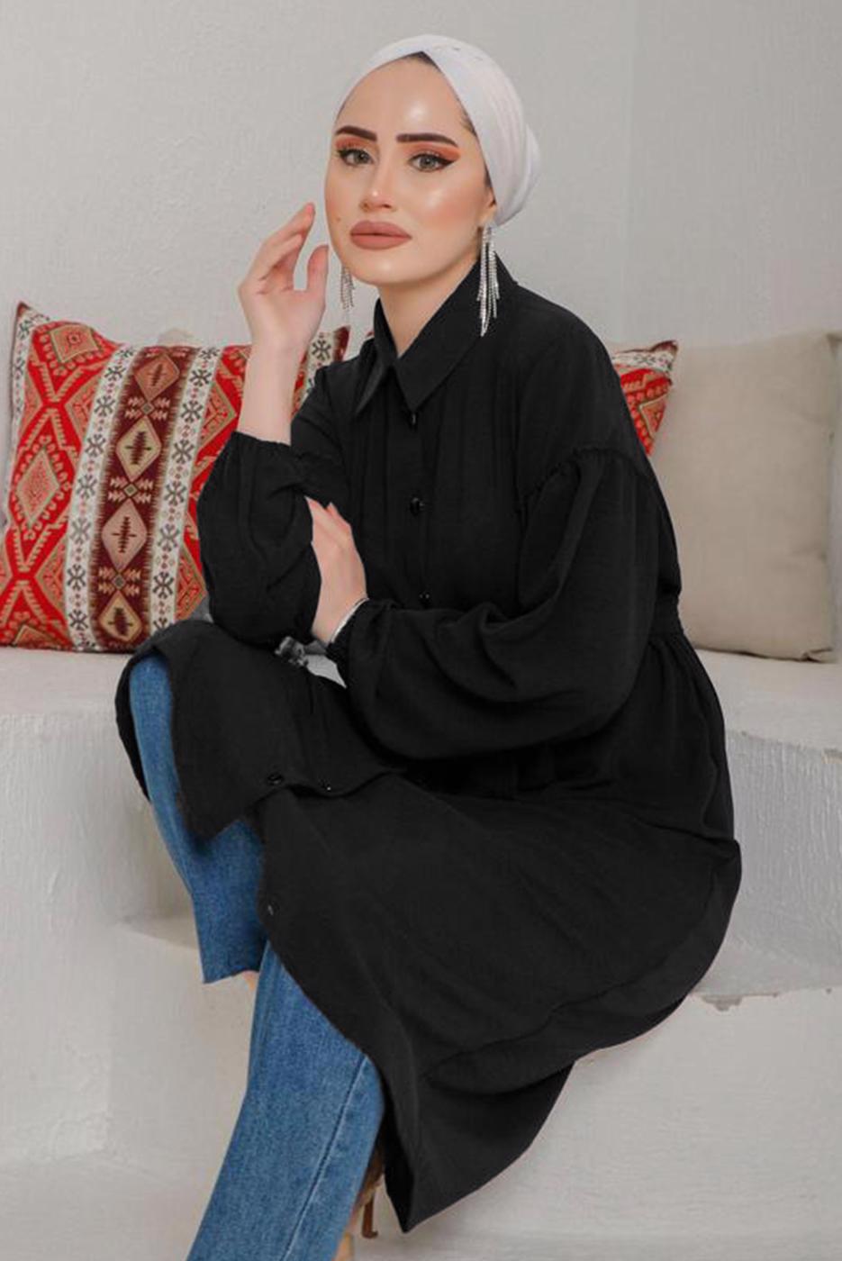 Tesettür giyim SİYAH KOLU BÜZGÜLÜ KUŞAKLI TUNİK 9642  