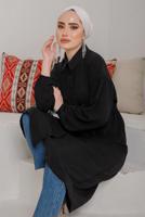 Tesettür giyim SİYAH KOLU BÜZGÜLÜ KUŞAKLI TUNİK 9642  