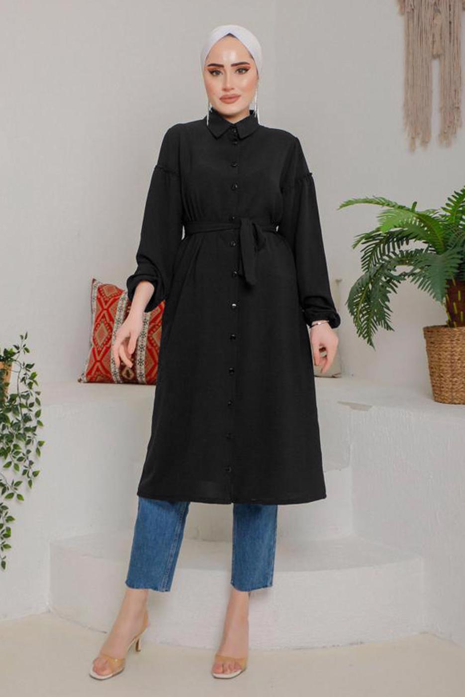 Tesettür giyim SİYAH KOLU BÜZGÜLÜ KUŞAKLI TUNİK 9642  