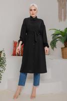 Tesettür giyim SİYAH KOLU BÜZGÜLÜ KUŞAKLI TUNİK 9642  