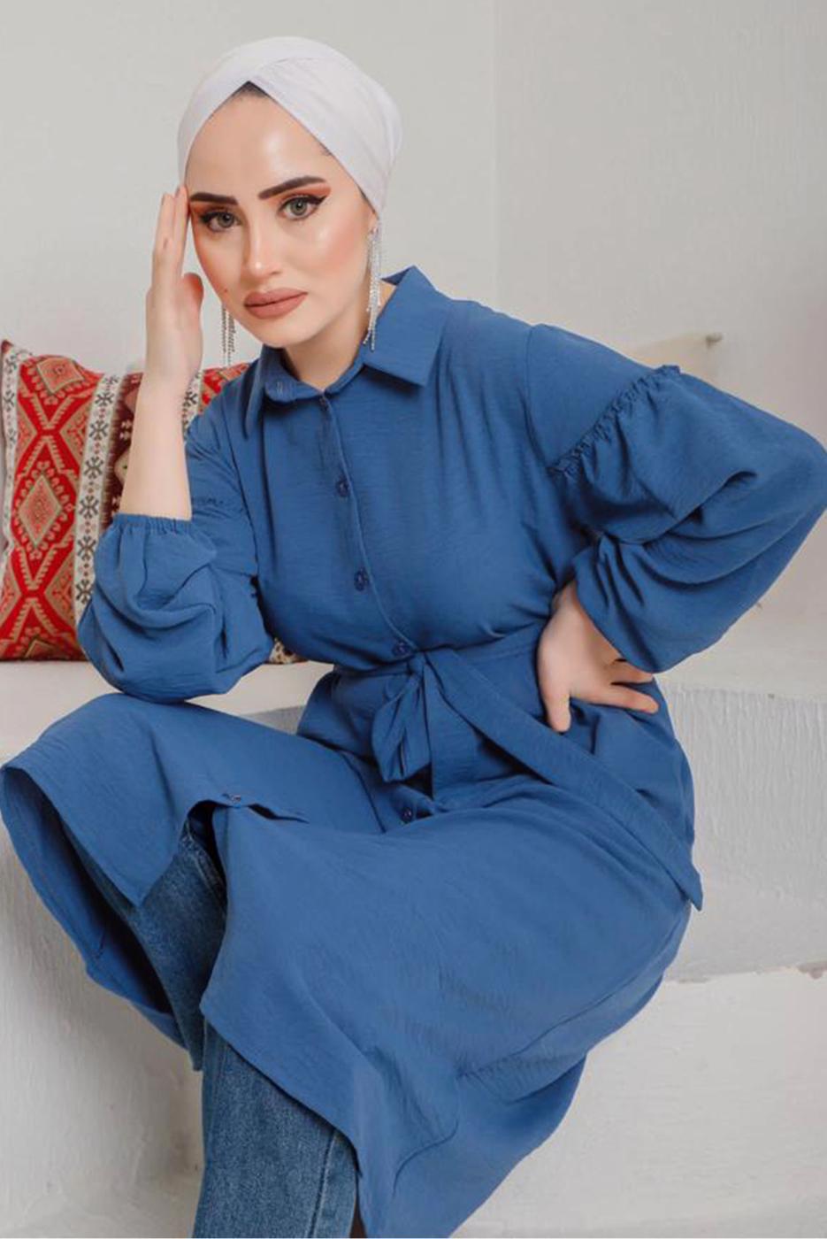 Tesettür giyim LACİVERT KOLU BÜZGÜLÜ KUŞAKLI TUNİK 9642  