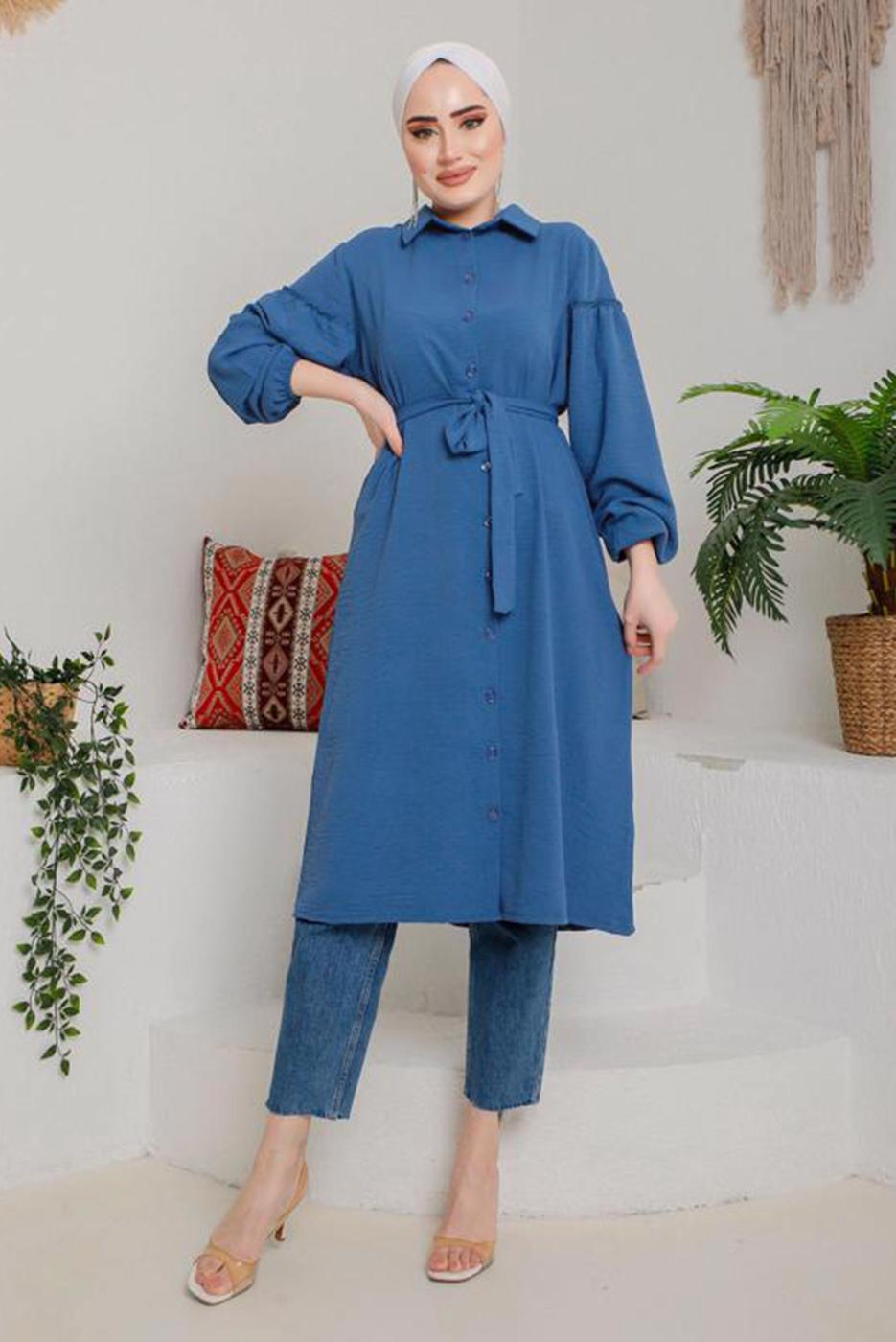 Tesettür giyim LACİVERT KOLU BÜZGÜLÜ KUŞAKLI TUNİK 9642  