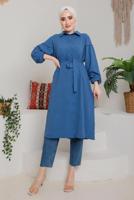 Tesettür giyim LACİVERT KOLU BÜZGÜLÜ KUŞAKLI TUNİK 9642  