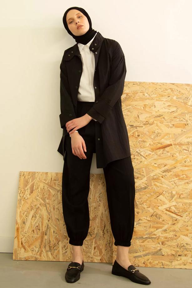 Tesettür giyim SİYAH ASİMETRİK KESİM ÇITÇITLI KAP 11058  - TRENDTESETTÜR