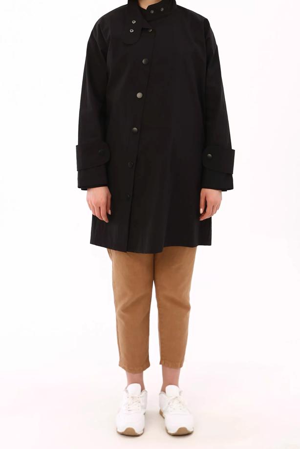 Tesettür giyim SİYAH ASİMETRİK KESİM ÇITÇITLI KAP 11058  - TRENDTESETTÜR