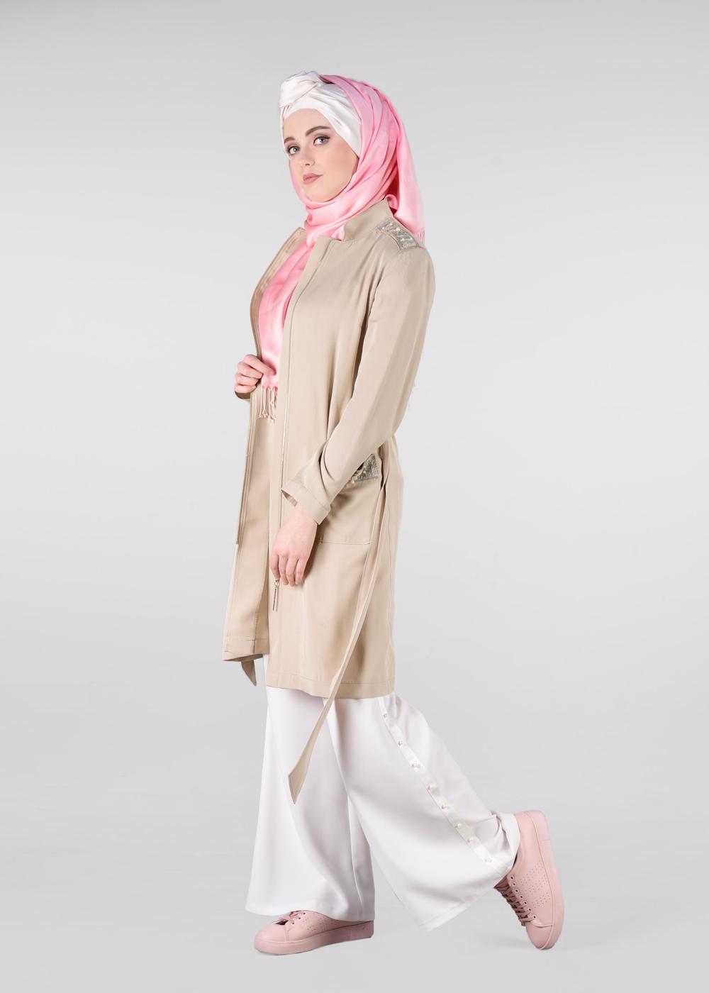 Tesettür giyim BEJ HAKİM YAKA FERMUARLI TRENÇKOT 1226	