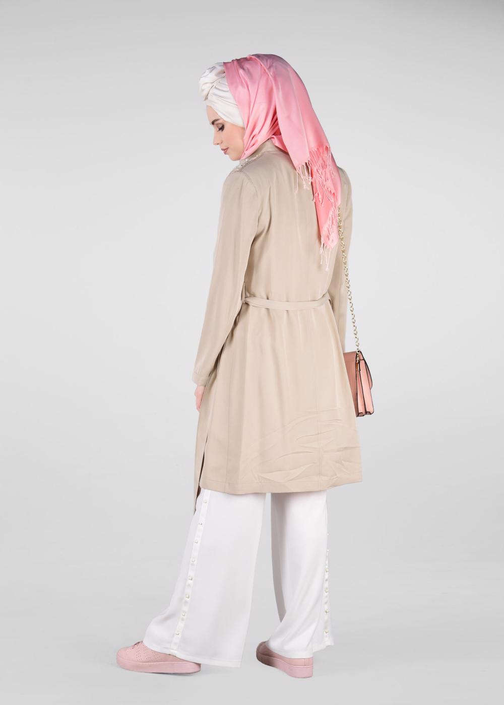 Tesettür giyim BEJ HAKİM YAKA FERMUARLI TRENÇKOT 1226	