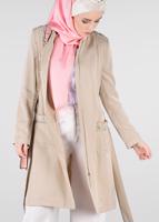 Tesettür giyim BEJ HAKİM YAKA FERMUARLI TRENÇKOT 1226	