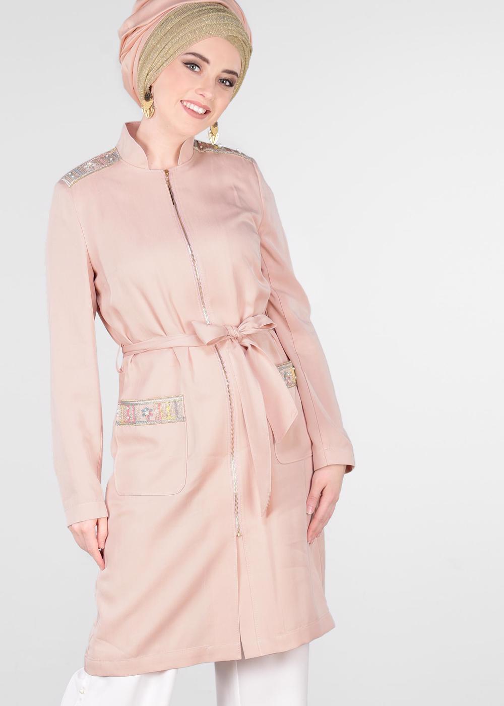 Tesettür giyim PUDRA HAKİM YAKA FERMUARLI TRENÇKOT 1226	