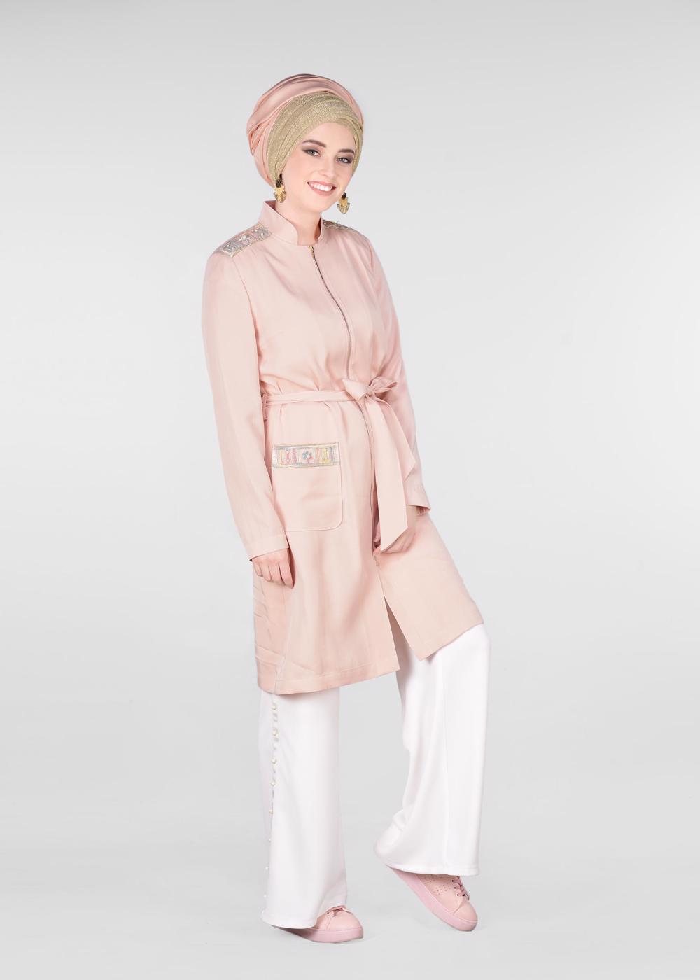 Tesettür giyim PUDRA HAKİM YAKA FERMUARLI TRENÇKOT 1226	