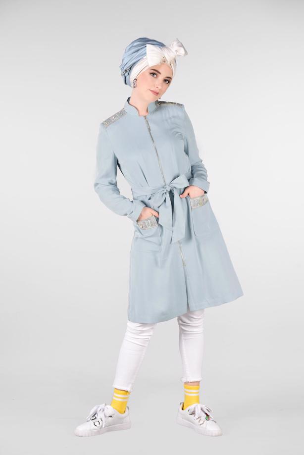 Tesettür giyim  HAKİM YAKA FERMUARLI TRENÇKOT 1226	 - TRENDTESETTÜR