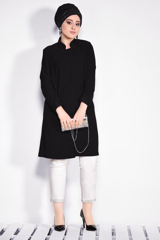 Tesettür giyim  MANŞET VE YAKASI GÜPÜR İŞLEMELİ TRENÇKOT 1288	 - TRENDTESETTÜR