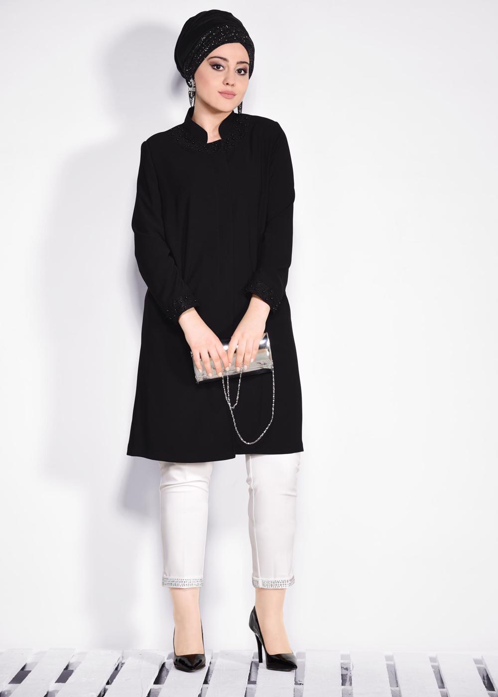 Tesettür giyim SİYAH MANŞET VE YAKASI GÜPÜR İŞLEMELİ TRENÇKOT 1288	