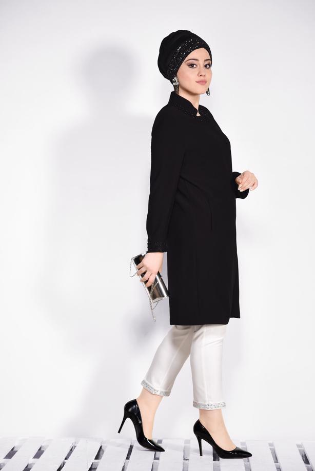 Tesettür giyim  MANŞET VE YAKASI GÜPÜR İŞLEMELİ TRENÇKOT 1288	 - TRENDTESETTÜR