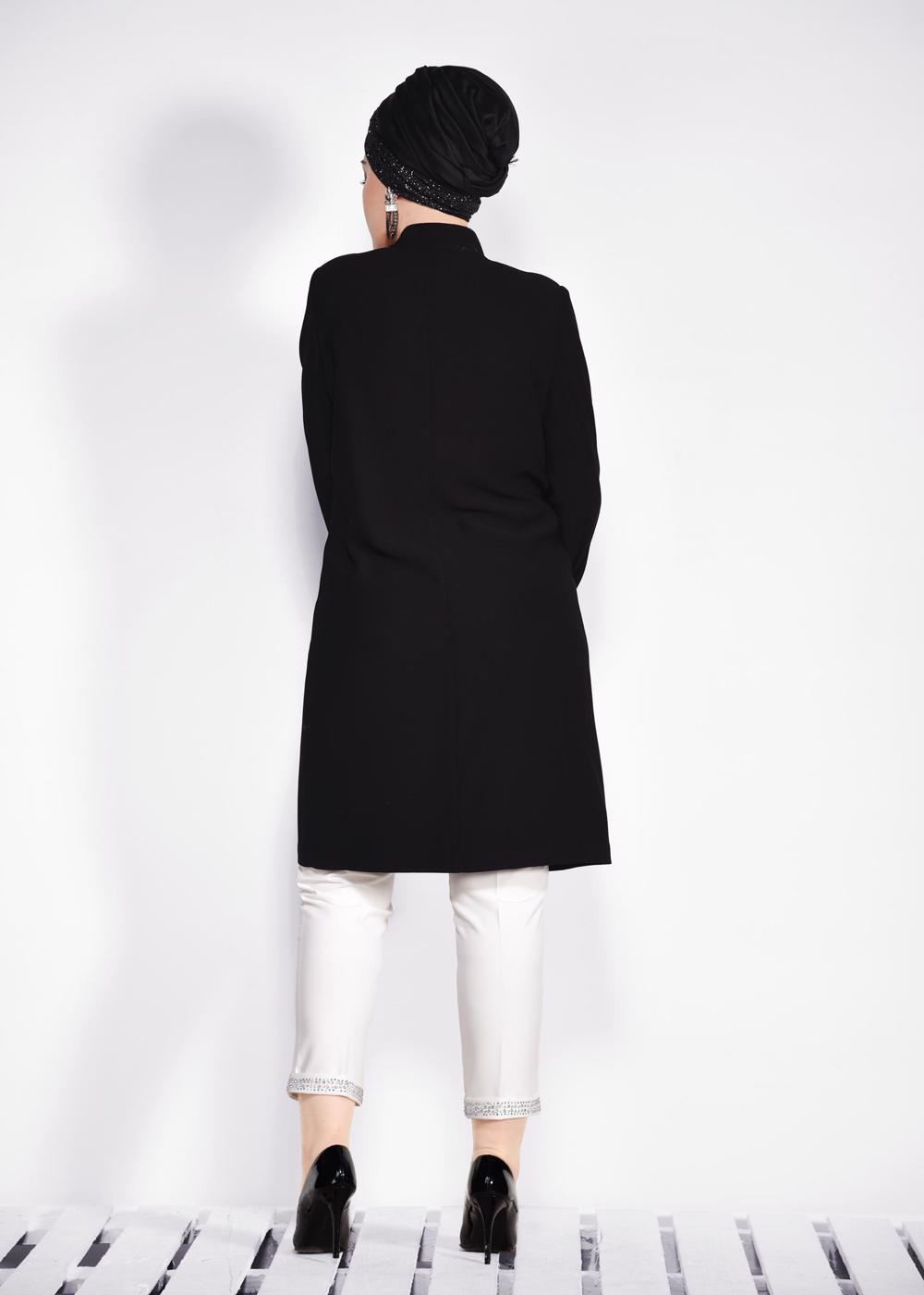 Tesettür giyim SİYAH MANŞET VE YAKASI GÜPÜR İŞLEMELİ TRENÇKOT 1288	