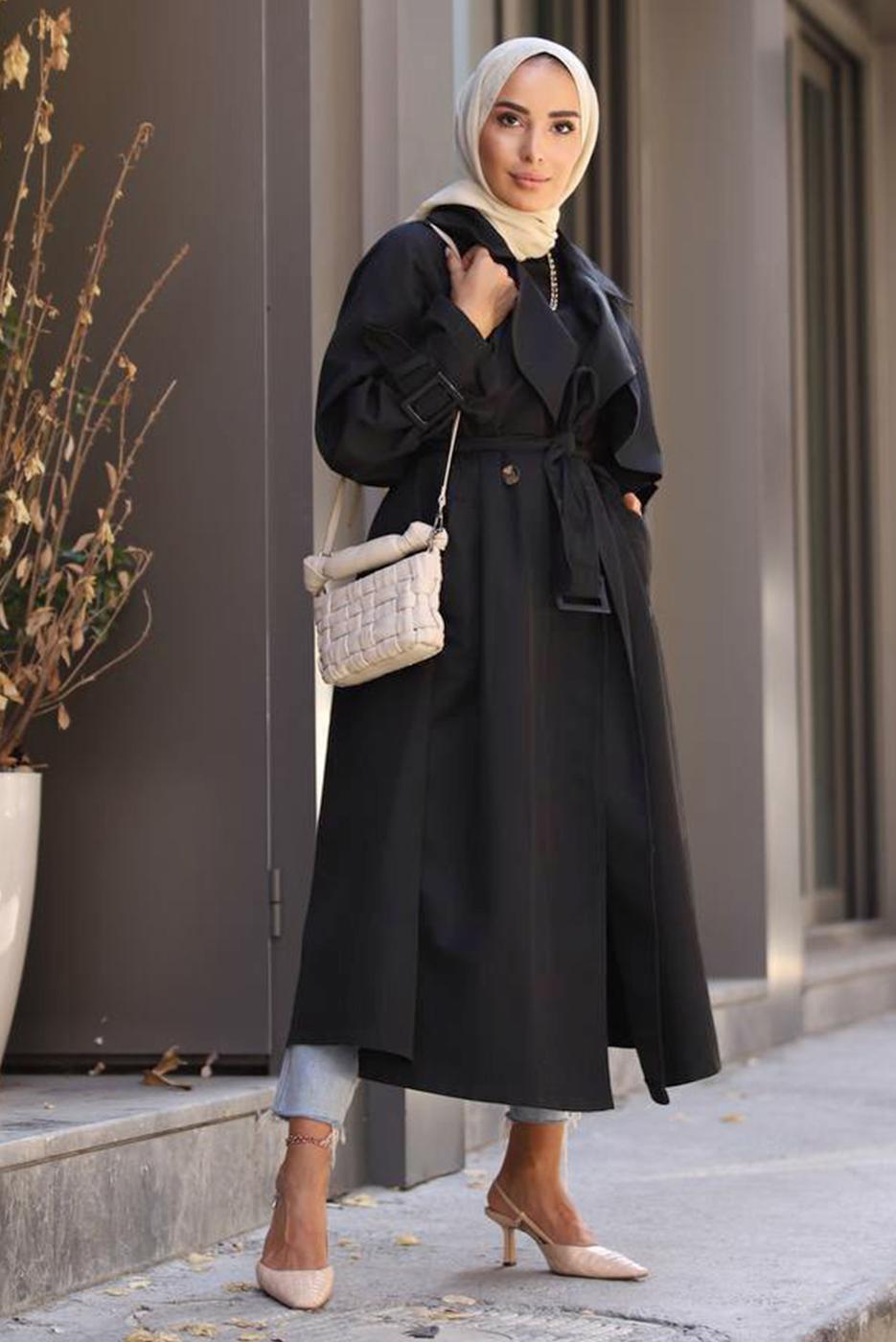 Vêtements hijab NOIR TRENCH-COAT CLASSIQUE AVEC MANCHETTES À CLIPS 70080