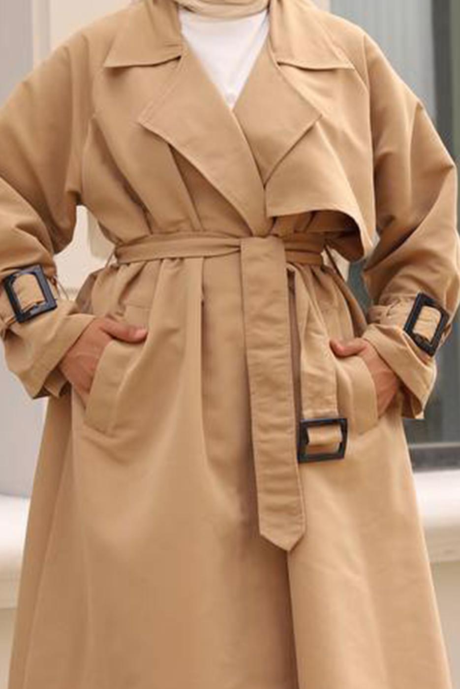 Hijab clothing BROWN CLASSIC TRENCH COAT WITH CLIPS DETAIL CUFFS 70080	