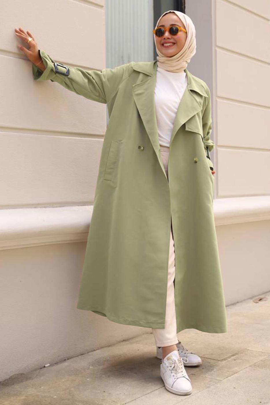 Vêtements hijab KAKI TRENCH-COAT CLASSIQUE AVEC MANCHETTES À CLIPS 70080