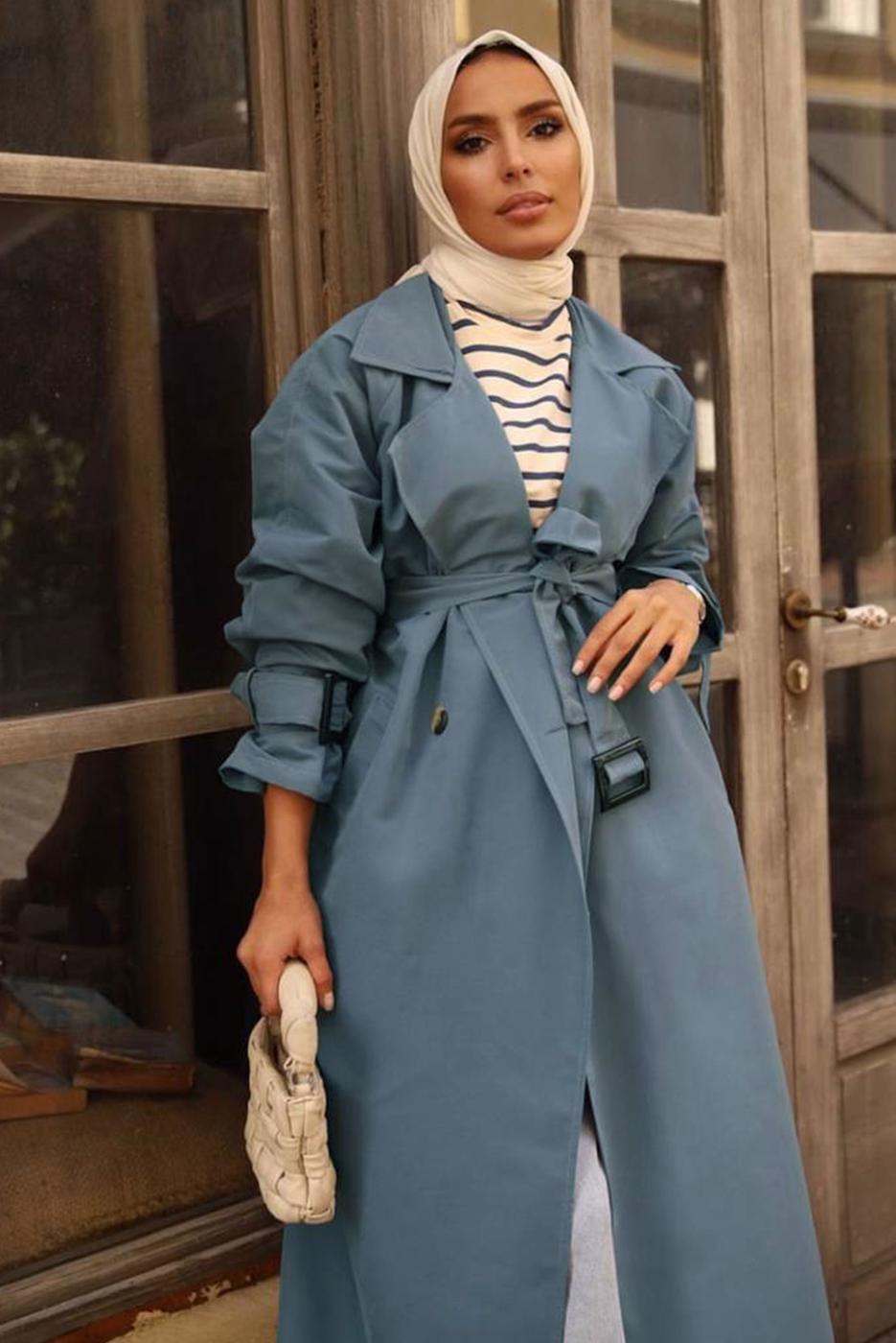 Hijab clothing NAVY BLUE CLASSIC TRENCH COAT WITH CLIPS DETAIL CUFFS 70080	