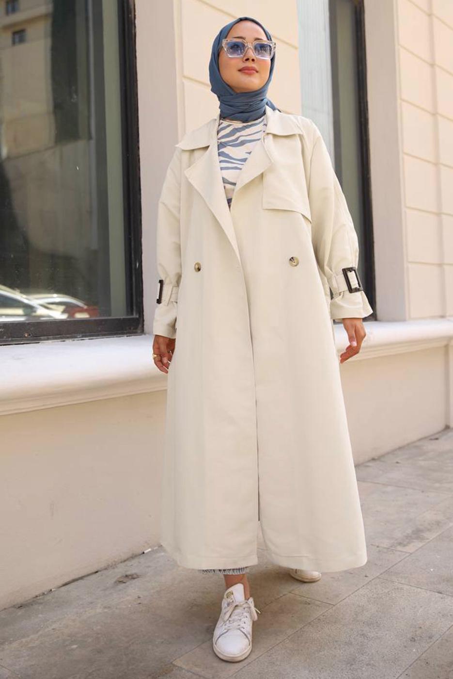 Vêtements hijab BEIGE TRENCH-COAT CLASSIQUE AVEC MANCHETTES À CLIPS 70080