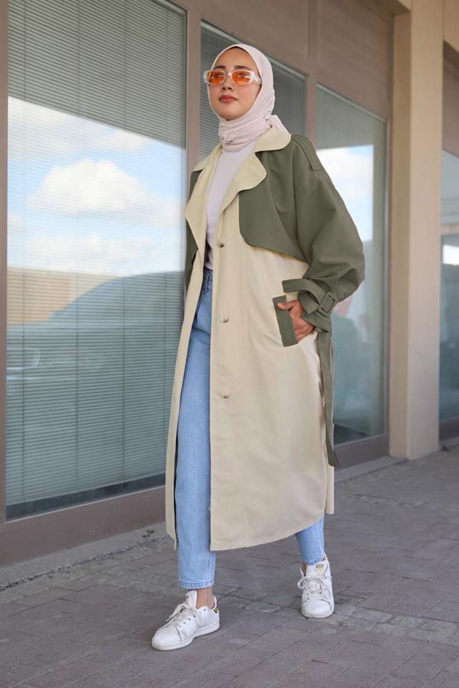 Hijab clothing KHAKI BELTED TRENCH COAT 80080