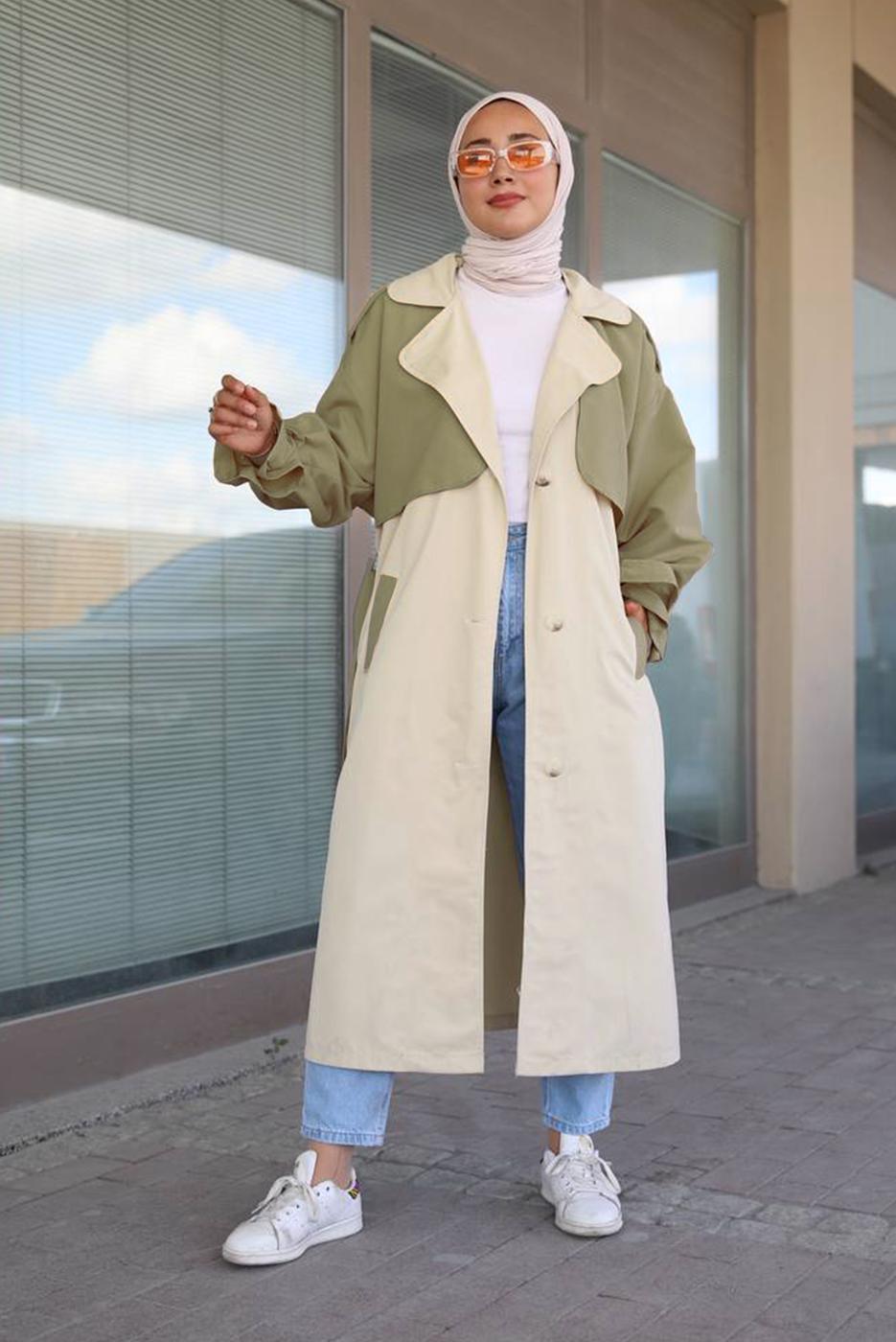 Hijab clothing GREEN BELTED TRENCH COAT 80080